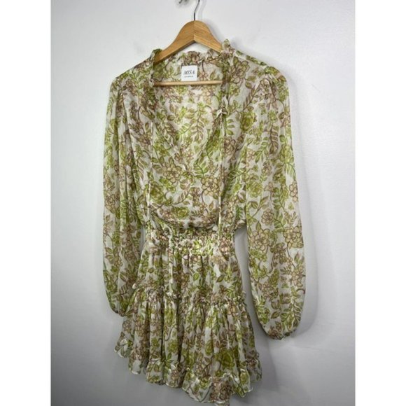 Misa Ruffle Drawstring Neck Elastic Waist Mini Dress Women's Green Size: XS NWOT - Picture 3 of 9